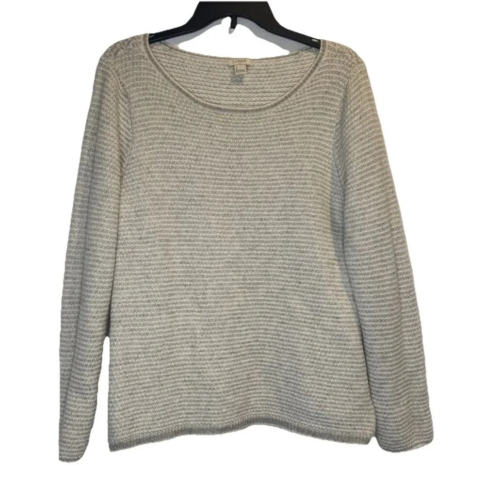 J. Crew Women’s Gray Striped Merino Wool Blend Crew Neck Sweater‎ Top Sz Large